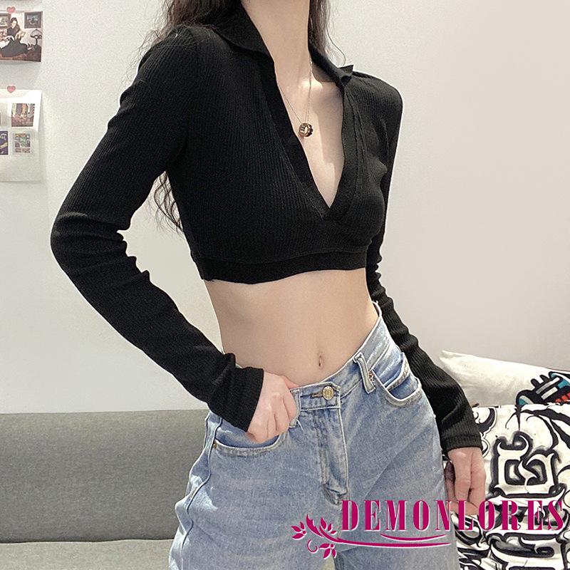 Áo croptop tay dài cổ chữ V màu trơn phong cách gợi cảm | BigBuy360 - bigbuy360.vn
