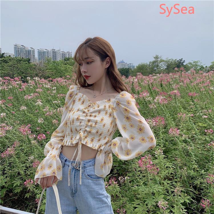 Áo Croptop Chất Liệu Vải Voan Hoạ Tiết Hoa Xinh Xắn Cho Nữ