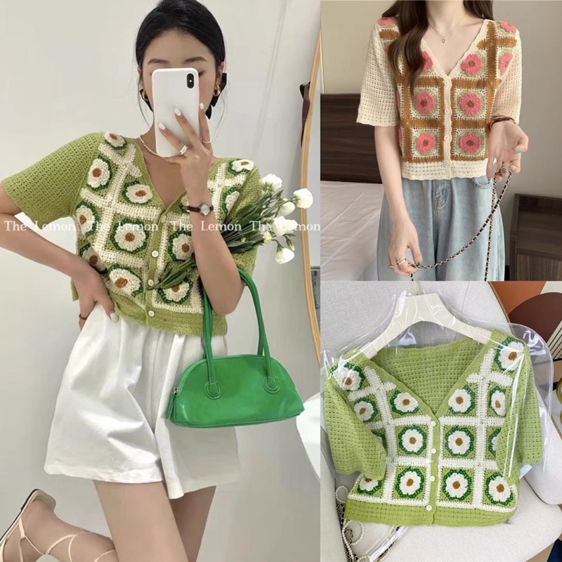 [Ảnh thật/Videp]Áo len pha tay hoa thêu Sunday  mã hai màu hồng xanh Áo mongtogi hàng Quảng Châu