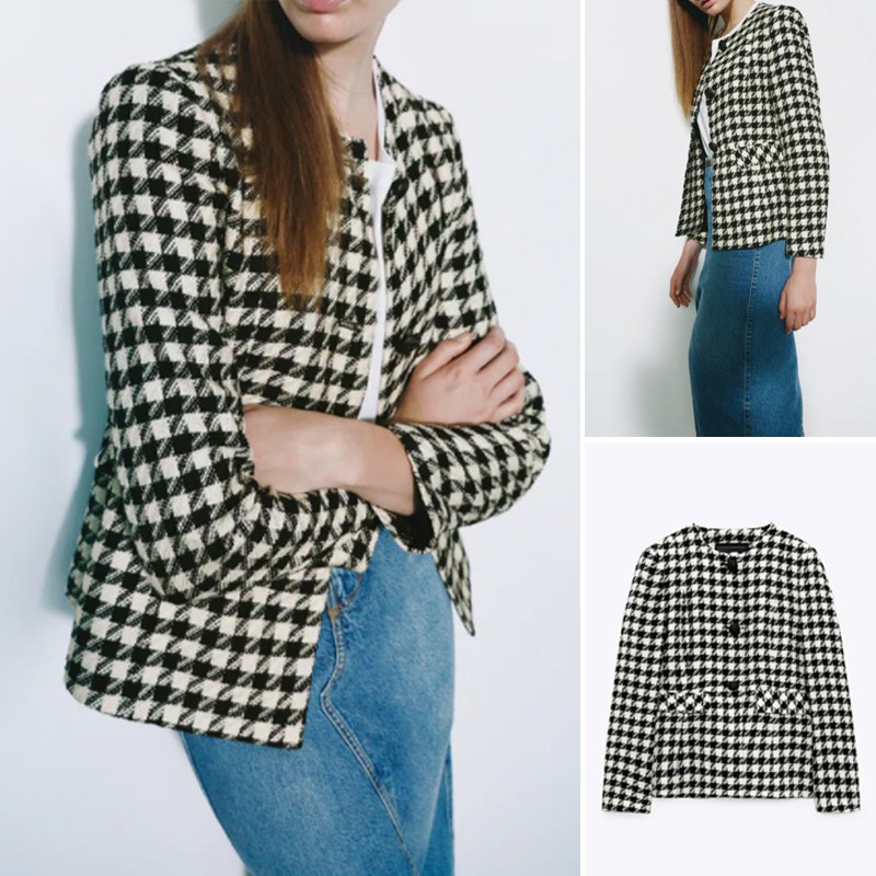 ÁO KHOÁC BLAZER VẢI DỆT HOẠ TIẾT HOUNDSTOOTH MÀU ĐEN TRẮNG - 8465/465