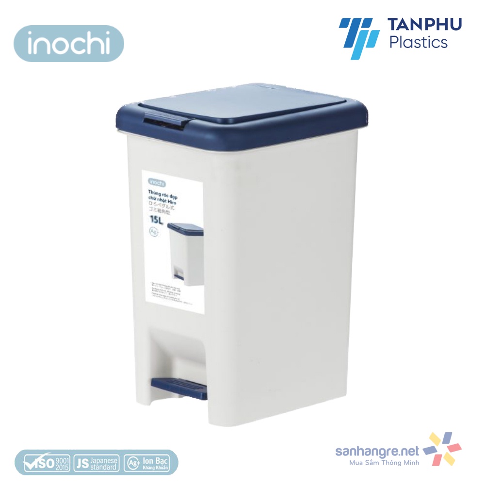 Thùng rác đạp chân chữ nhật Inochi Hiro 15L xuất Nhật - Kháng khuẩn, khử mùi (giao màu ngẫu nhiên)