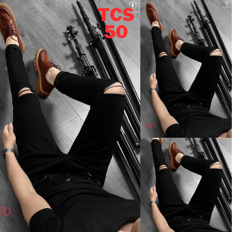 Quần Jean Nam Đen Rách Gối Màu Đen Phong Cách Hàn Quốc TCS 50