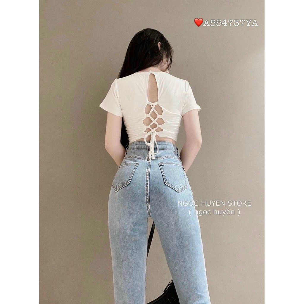 áo croptop thun borip tay ngắn cổ tròn đan dây sau