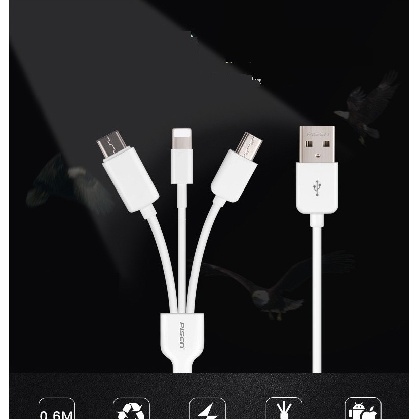 Cáp 3 đầu PISEN microUSB Lightning type-C 1,2m