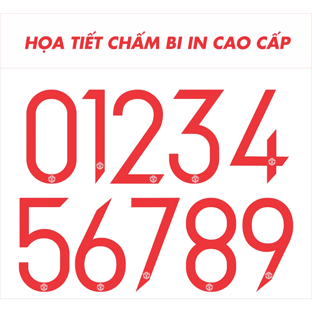 Font số áo Manchester United in áo họa tiết chấm bi cao cấp (cao 23cm) tặng số quần