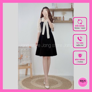 Váy Thiết Kế dáng suông, váy suông phối voan buộc nơ cổ tiểu thư xinh xắn - H&N Store