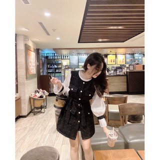 Váy dạ tay voan + cardigan lông thỏ đen