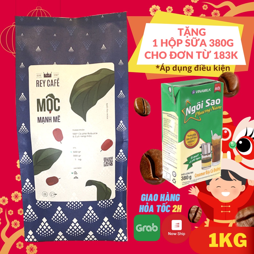 1KG Cà phê rang Mộc Mạnh Mẽ (Phối Robusta &amp; Culi)- 1kg/gói - Coffee blend nguyên chất Pha Máy Pha Phin - Rey Cafe