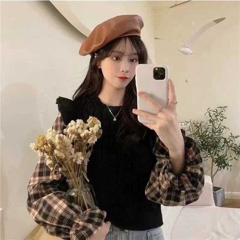 Áo len kiểu phối sơ mi kẻ