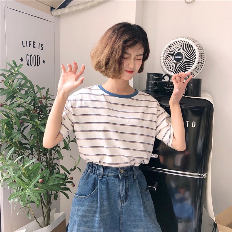 【Style.Korea】Áo Thun YANGSU Kẻ Sọc Nữ Hàng Quảng Châu Form Nhỏ Nhắn Cute