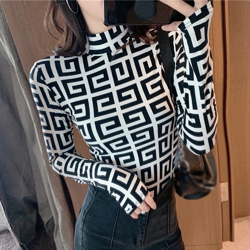 NEW Áo Thun Nữ Tay Dài Cổ Cao Ôm Dáng Phong Cách Retro Gợi Cảm
