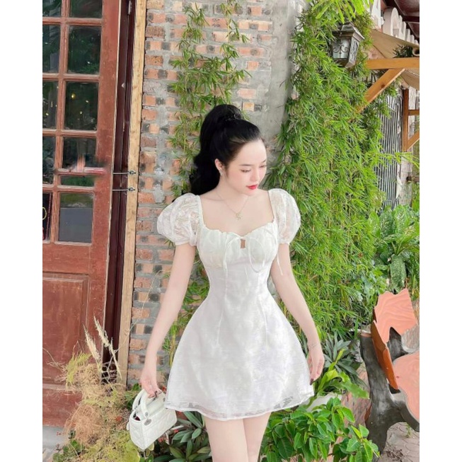 ĐẦM TRẮNG VOAN HOA NỔI TAY PHỒNG (Ảnh thật trải sàn)