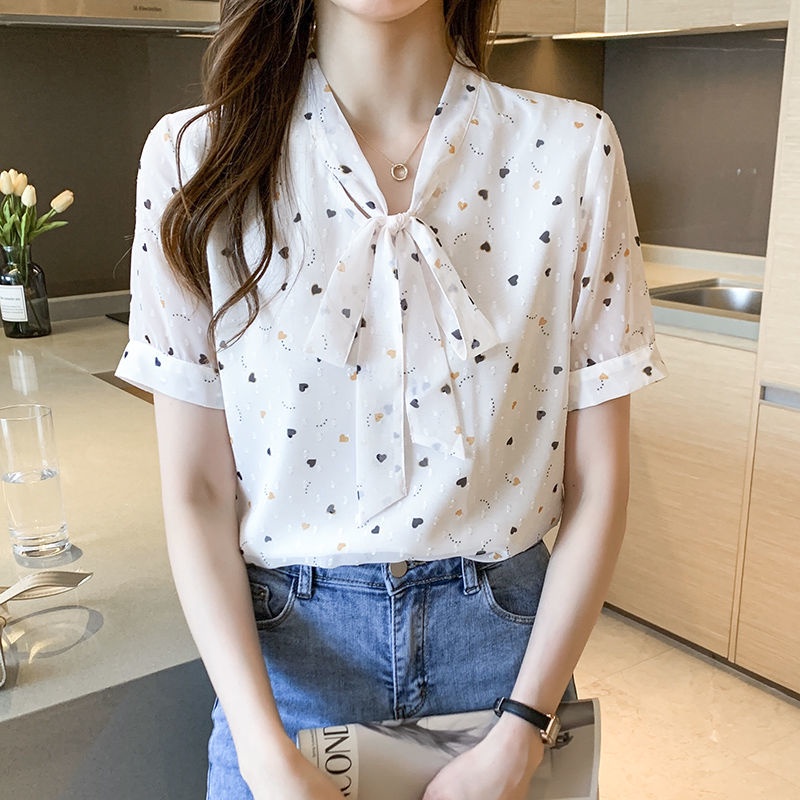 Áo Sơ Mi Hoa Tay Ngắn 164155 Áo Sơ Mi Dáng Rộng Phối Nơ Xinh Xắn Thời Trang