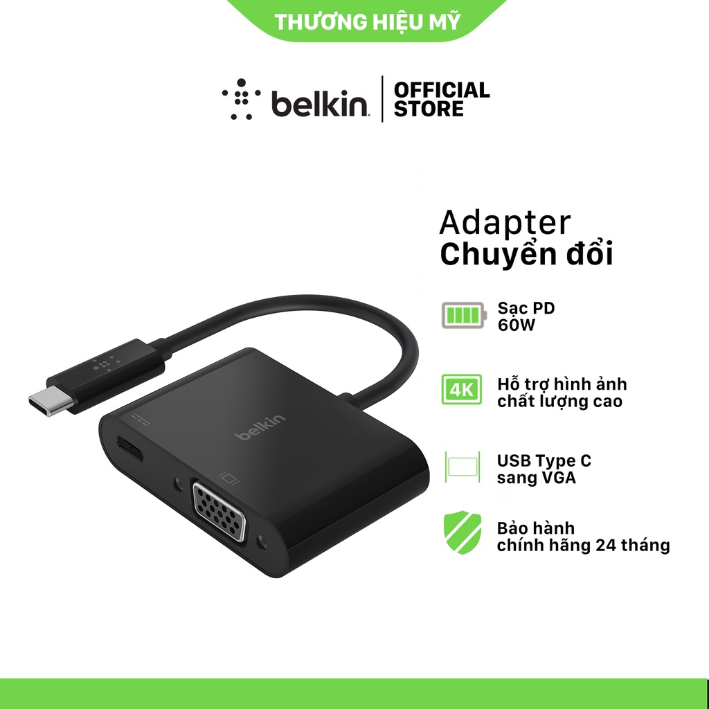 Cáp chuyển đổi USB Type C sang VGA Belkin cao cấp - Hàng Chính Hãng - Bảo Hành 2 Năm - AVC001btB