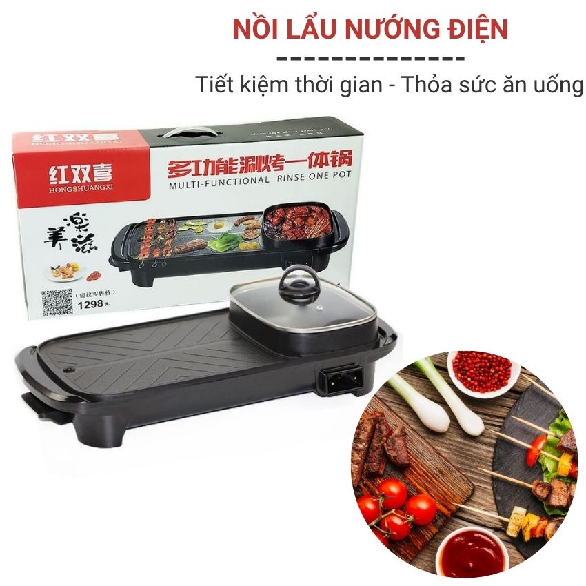 Bếp lẩu nướng điện dài đa năng 2 in 1 nồi lẩu nướng tiết kiệm điện năng siêu chống dính tiện dụng cho gia đình Angola