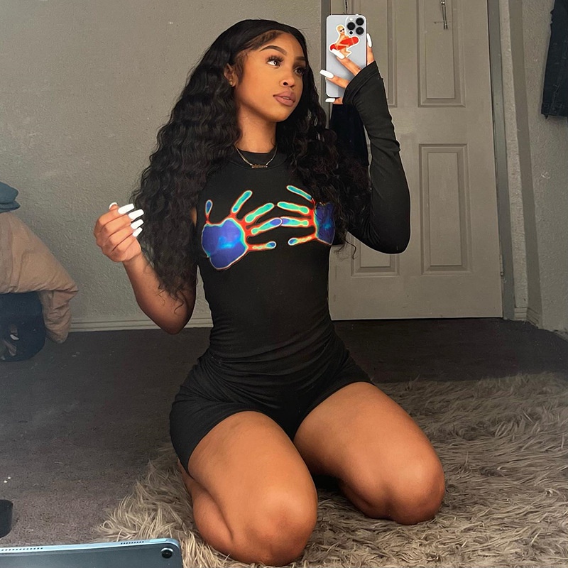 Bộ Áo Liền Quần Sát Nách Cổ Tròn In Hình Bàn Tay Thời Trang Cho Nữ