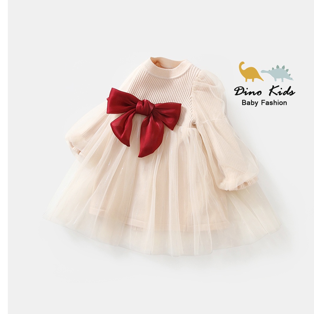 Váy thu đông bé gái, váy len nhung phối ren nơ đỏ chất siêu mềm cho bé