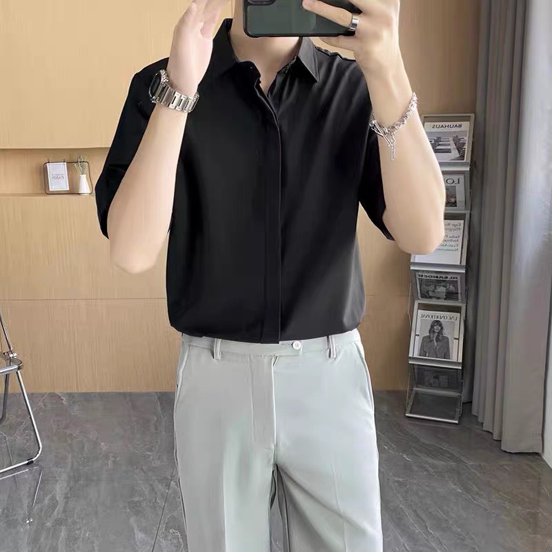 Áo sơ mi nam giấu cúc fom rộng Unisex vải mềm mượt co giãn nhẹ sơ mi che nút nam tay ngắn mẫu mới mã TN 27