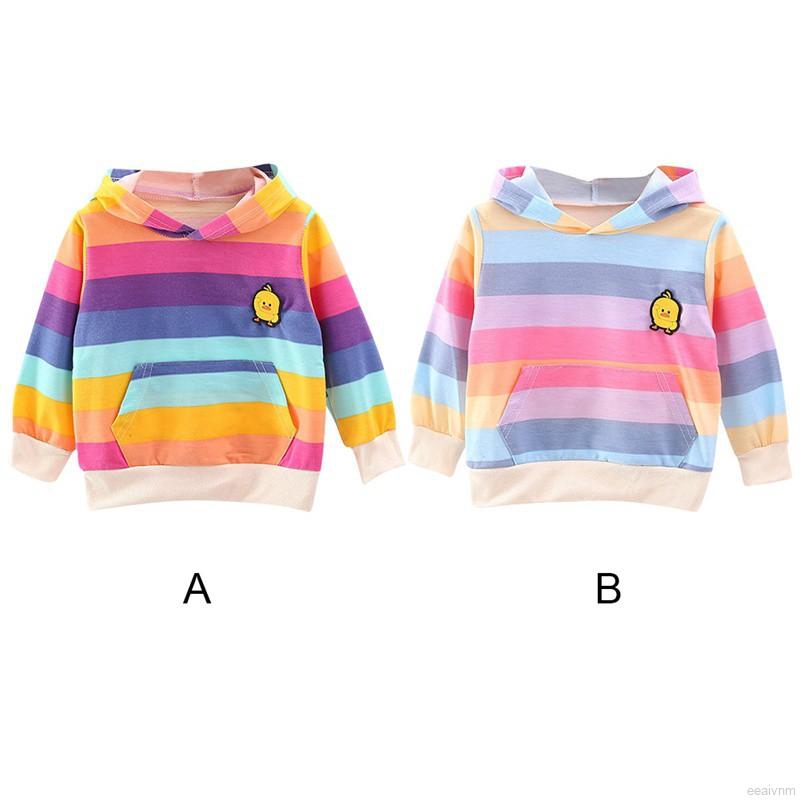 Áo Sweatshirt Có Mũ Họa Tiết Kẻ Sọc Phối Màu Dễ Thương Thời Trang Cho Bé Gái