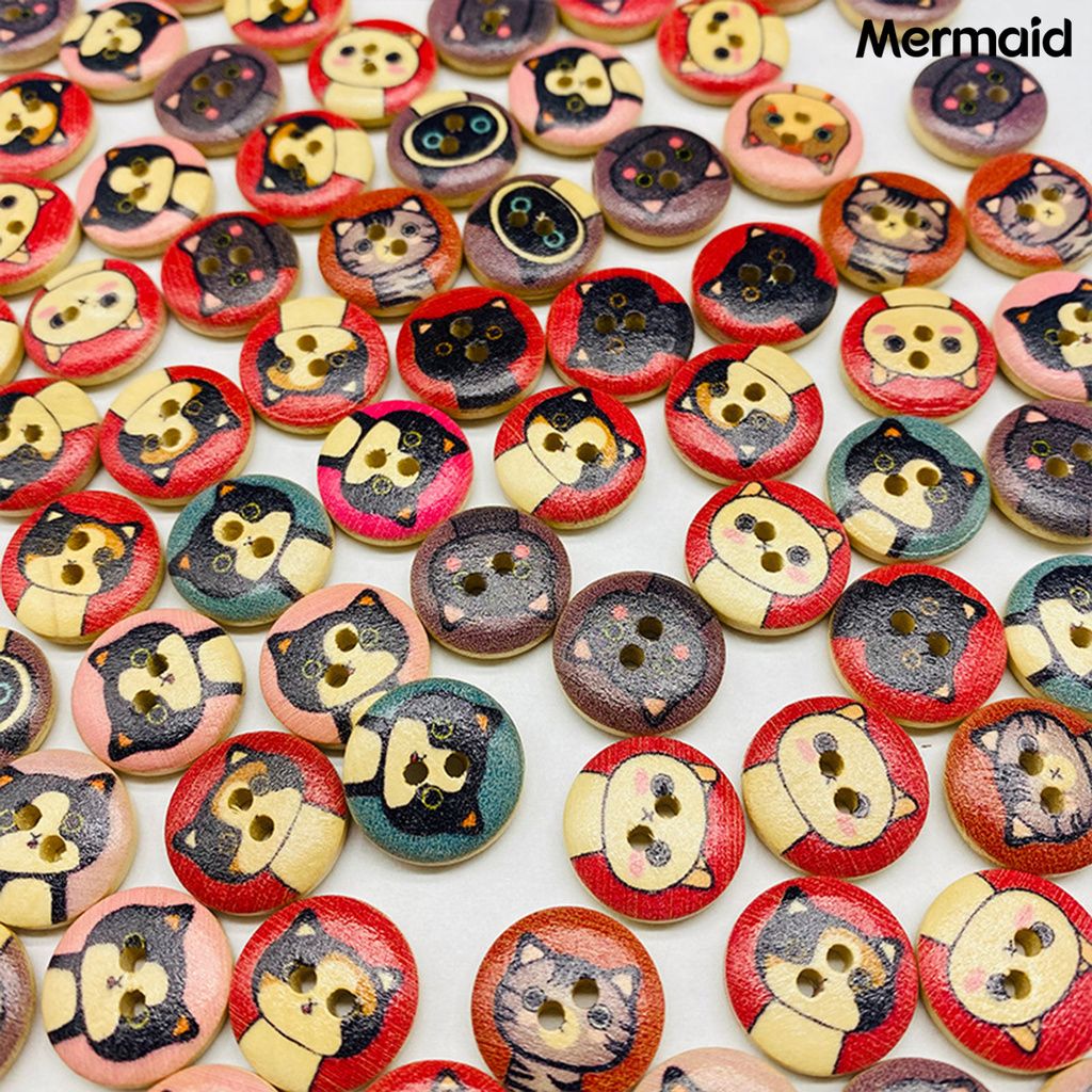 MM 100Pcs Cartoon Kitty Print Wood Buttons DIY Sewing Shirt Scrapbook Bags Decor