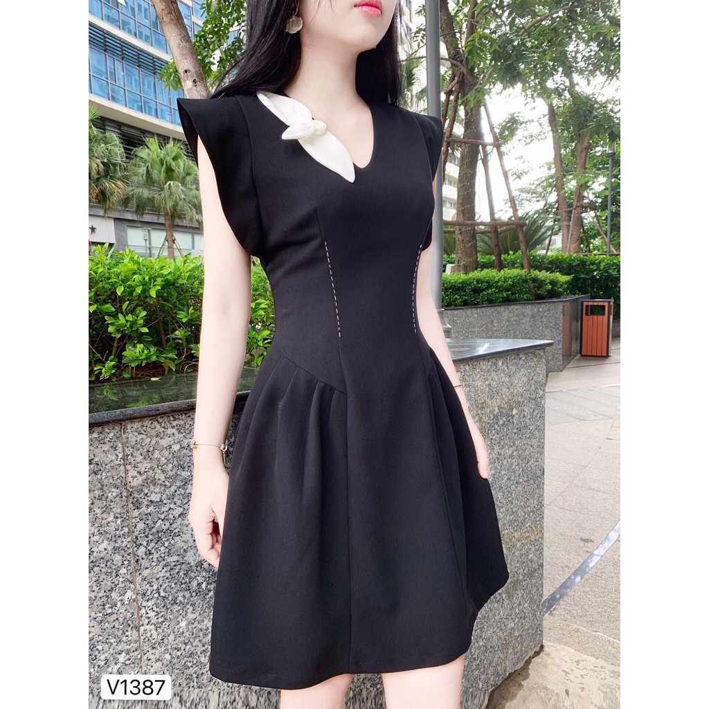 Váy đen suông nơ trắng V1387 - Đẹp Shop DVC (Kèm ảnh thật trải sàn do shop tự chụp) | BigBuy360 - bigbuy360.vn