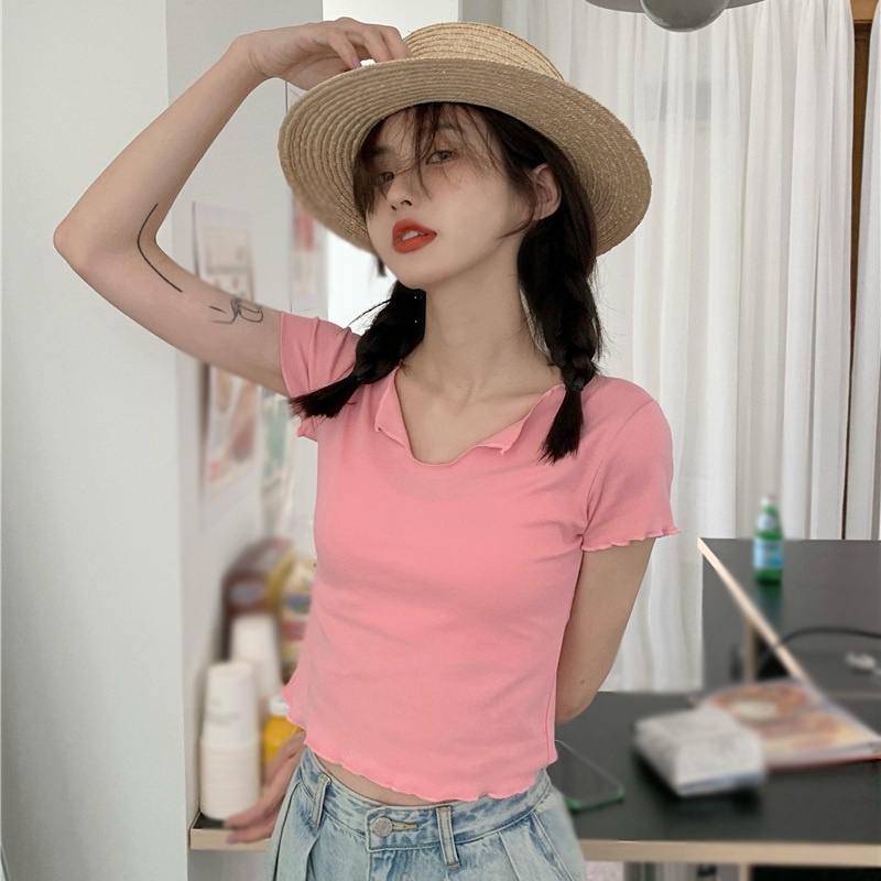 Áo croptop tay ngắn cổ chữ V màu sắc đơn giản xinh xắn phong cách Hàn Quốc