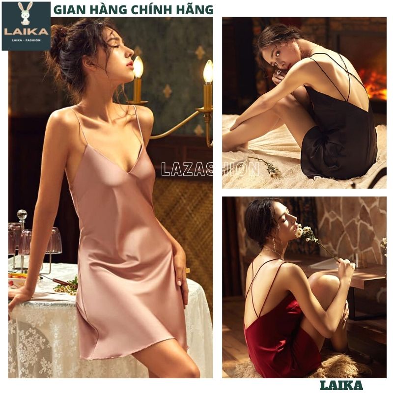 Váy ngủ 2 dây chéo lưng khoét sâu lụa satin cao cấp mềm mịn, quyến rũ ,đầm mặc nhà -LAIKA