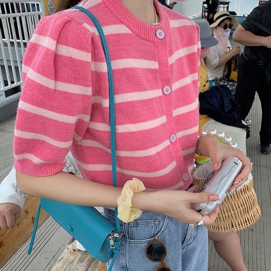 Áo cardigan ZHELIHANGFEI len cổ tròn tay ngắn phồng họa tiết kẻ sọc màu sắc tương phản thời trang