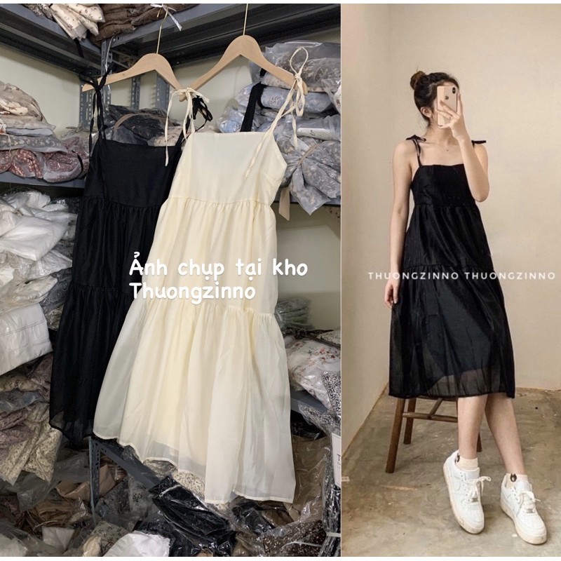 [Ảnh thật/Video]Váy hai dây Lucy buộc nơ vai Hàn Quốc dáng dài Váy hai dây ulzzang