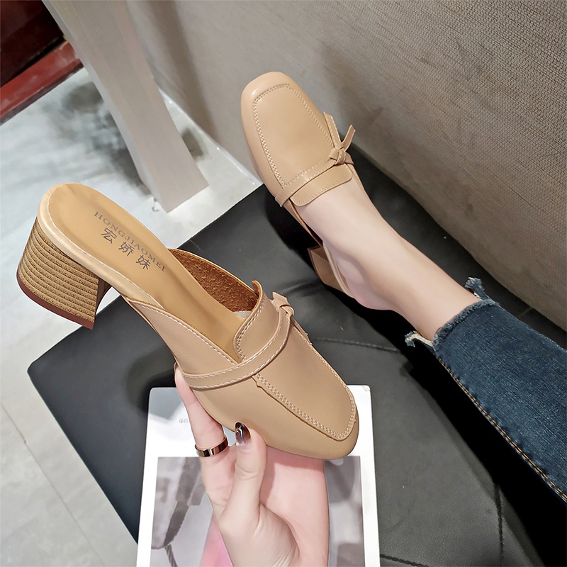 ◕Fashion thick heel 2021 summer new semi-support single shoes women s mid-heel British style Baotou semi-slipper sandals outer wear Harajuku
