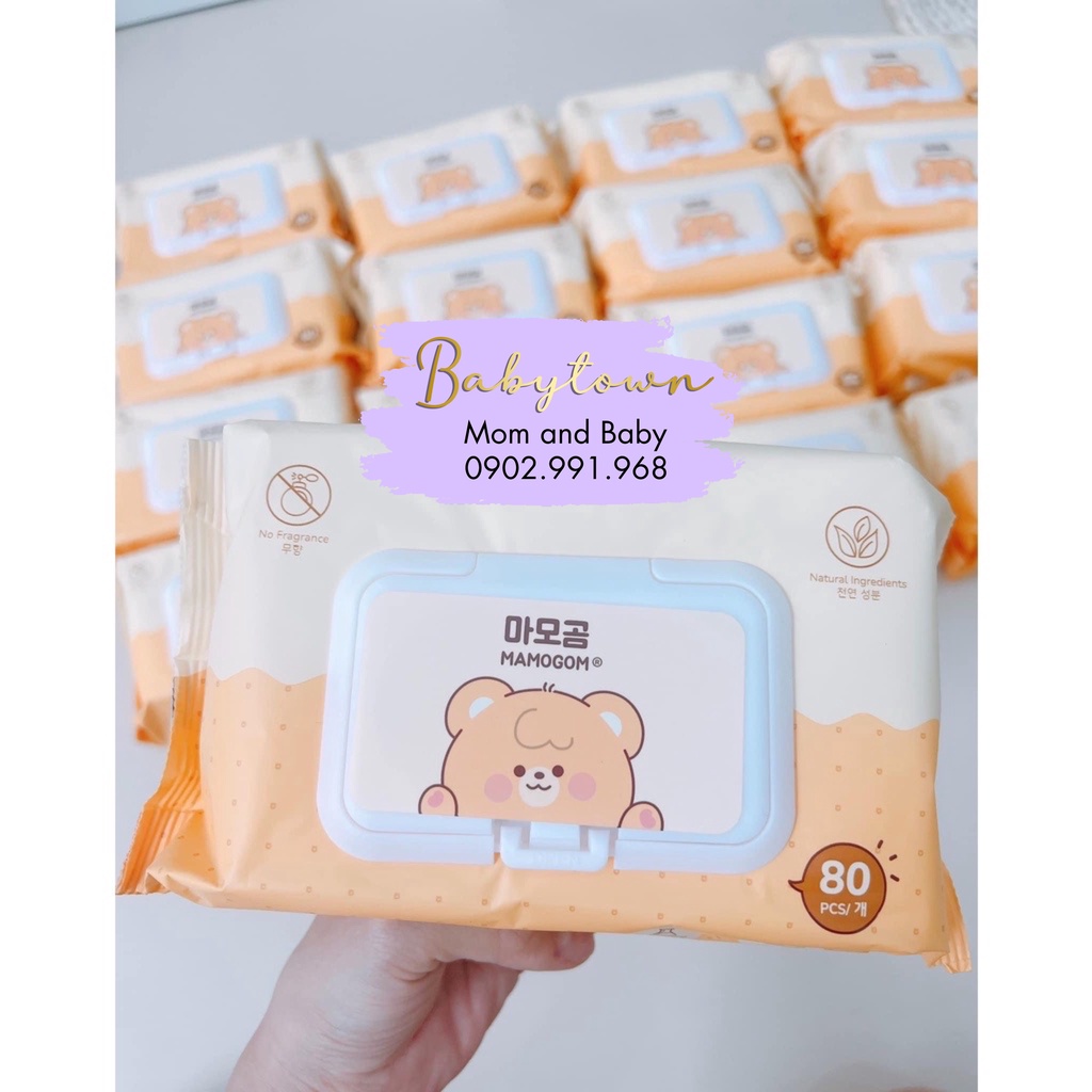 Khăn ướt cao cấp Mamogom Hàn Quốc 100% sợi giấy organic cotton mềm mịn không cồn an toàn cho da bé bịch 80 tờ