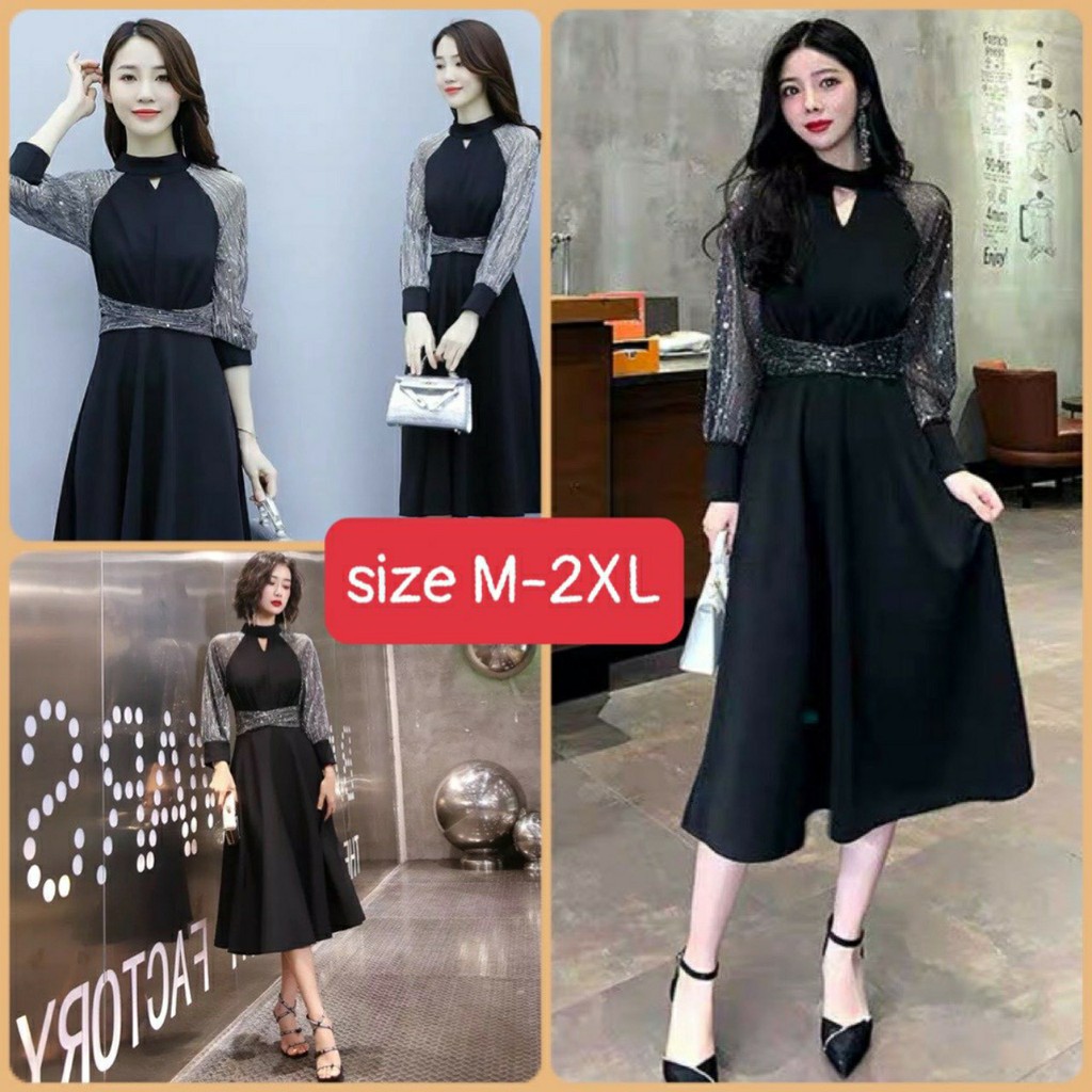 Đầm xòe tay dài cổ lọ cách điệu tay phối lưới kim tuyến sang chảnh cao cấp có BIG SIZE- Emtra store - V29