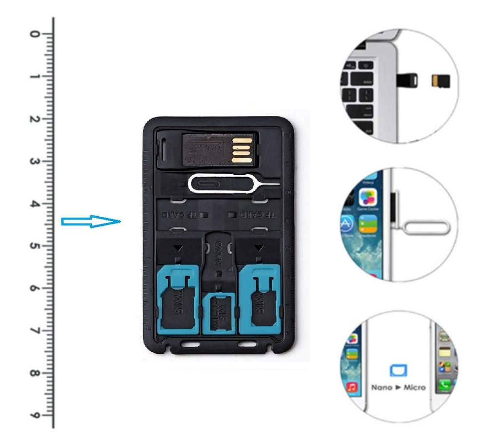 All in One Credit Card Size Slim SIM Adapter kit with TF card reader & SIM Card Tray Eject Pin, SIM Card holder