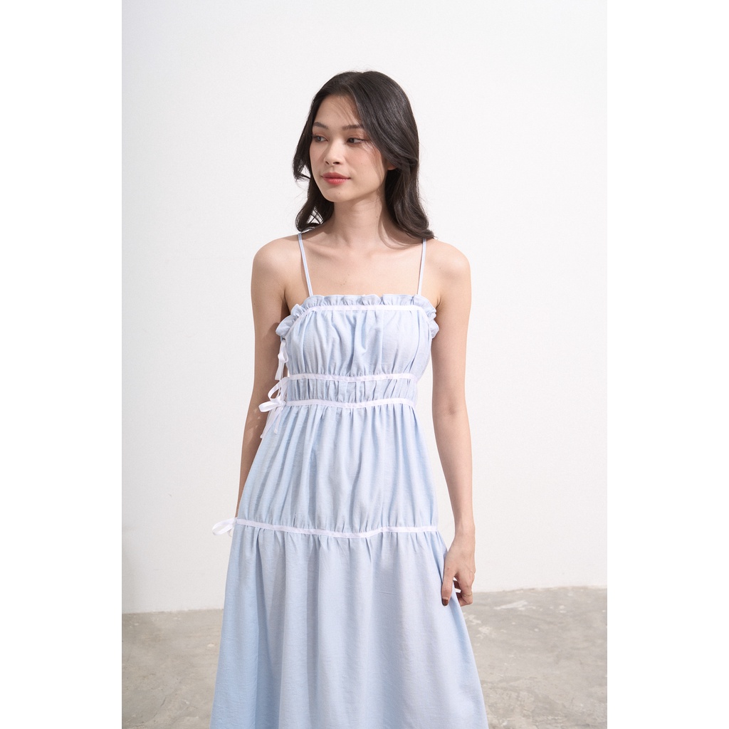 Đầm Maybi midi ôm nhung tăm phối dây nơ