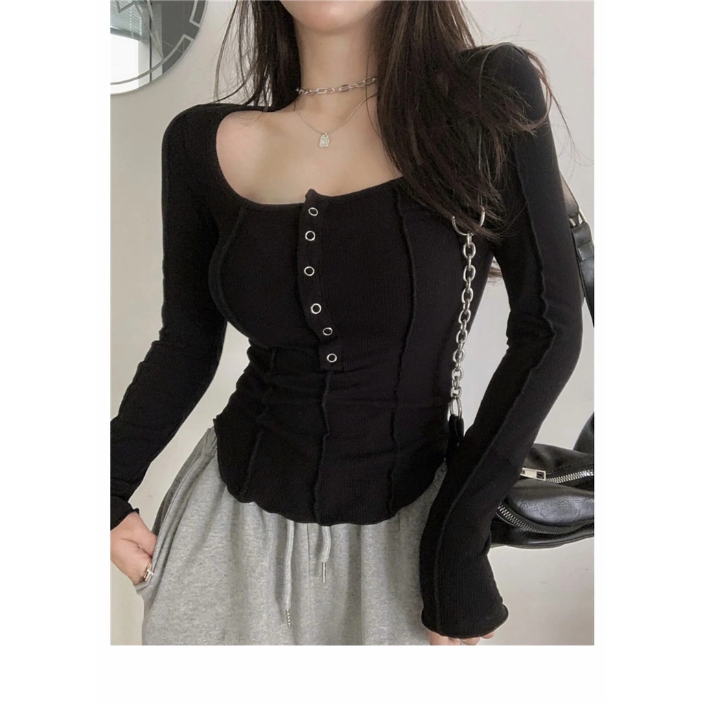 DUNEA Áo Thun Dài Tay Cổ Vuông Phối Hàng Nút Gợi Cảm Cho Nữ