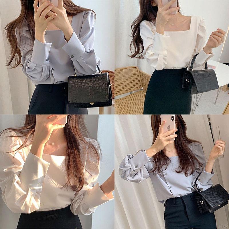 Áo kiểu tay dài cổ vuông phong cách Hàn Quốc hợp thời trang cho nữ