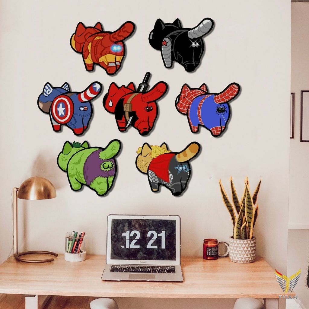 Bộ tranh dán tường 7 chú mèo siêu anh hùng Marvel, chất liệu Fomex, tranh decor trang trí nhà cửa, phòng ngủ
