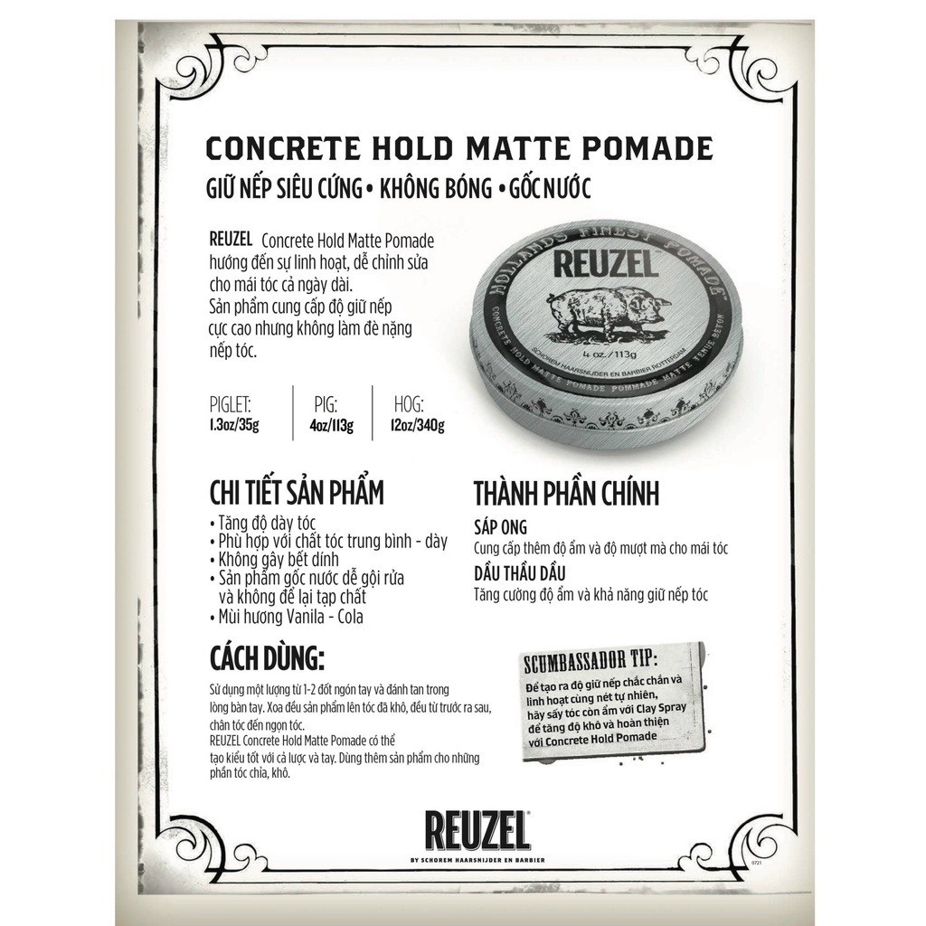 Sáp vuốt tóc nam Rezel Concrete Pomade 35 - 113g - 340g, Pomade gốc nước giữ nếp siêu cứng, không bóng