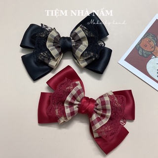 🎀 kẹp tóc nơ caro phối ren tiểu thư xinh xắn -