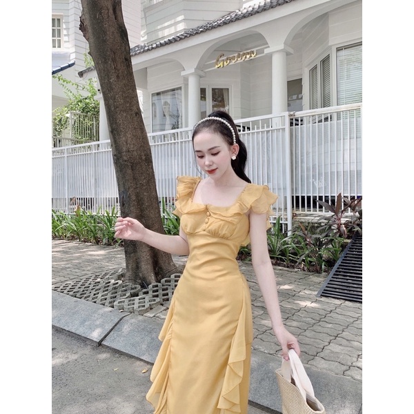 Đầm tơ cổ bèo vuông nút bọc cao cấp loại 1 | BigBuy360 - bigbuy360.vn