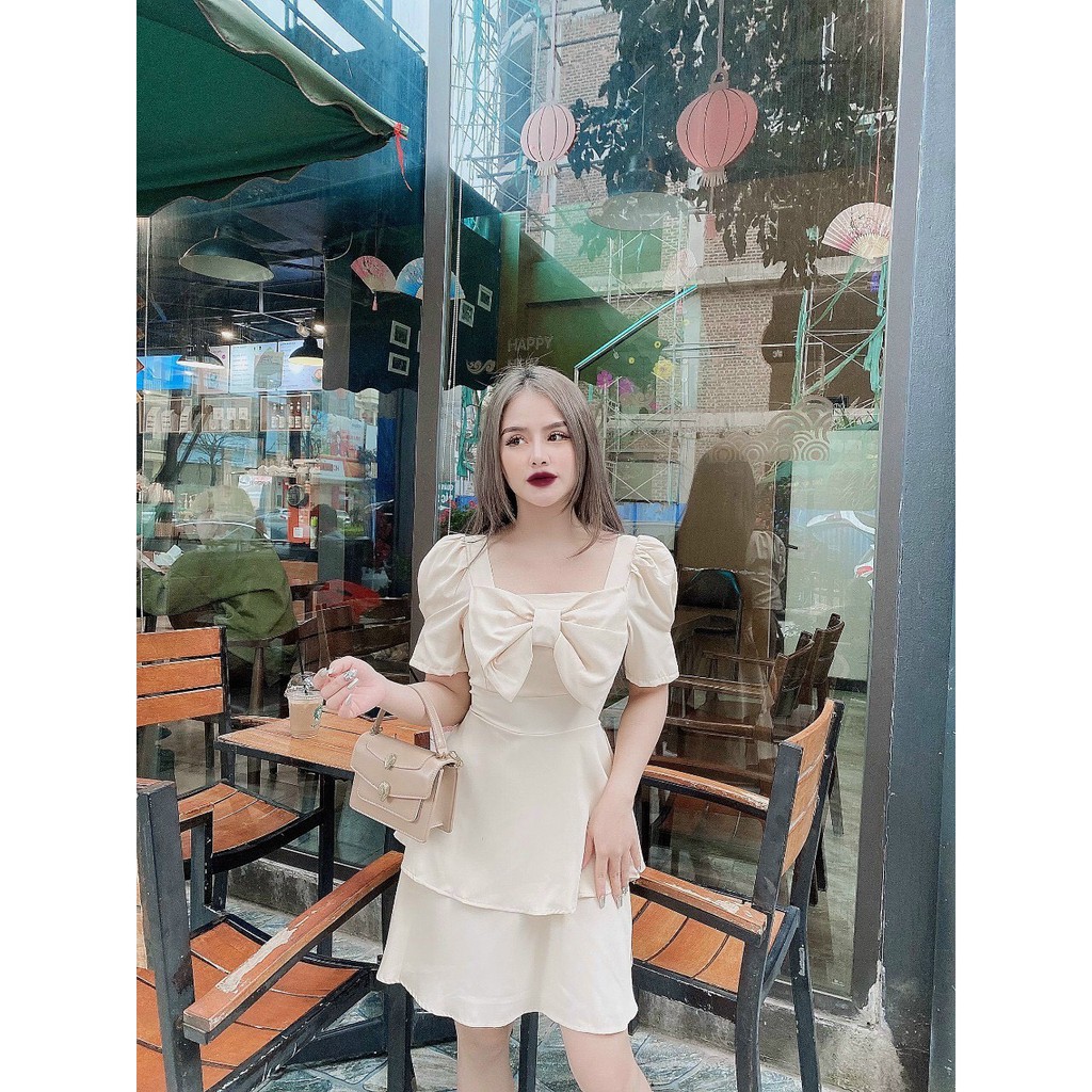 Đầm xèo, đầm nữ dáng xèo, 2 tầng phối nơ ngực, có lot ngực, chất xốp, hai màu chọn lọc trắng và be. Cos V1011 | BigBuy360 - bigbuy360.vn