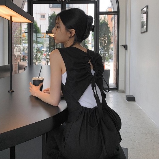 Đầm hai dây ZHELIHANGFEI dáng dài lưng cao màu trơn kiểu retro Pháp thời trang mùa hè