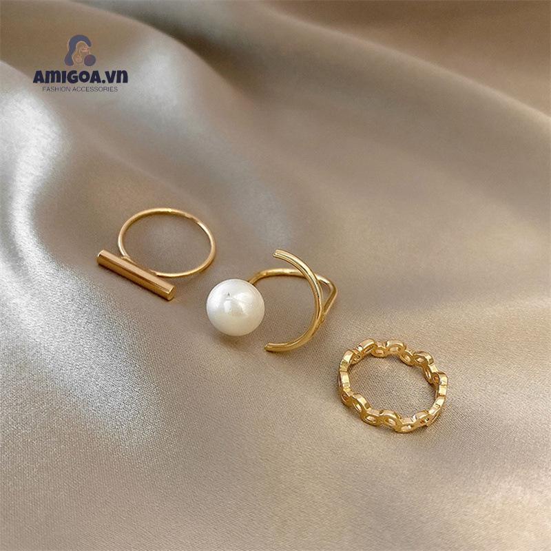 ✨✨Set 3 nhẫn thời trang khảm ngọc trai nhẹ nhàng có thể điều chỉnh tự nhiên sang trọng dành cho nữ