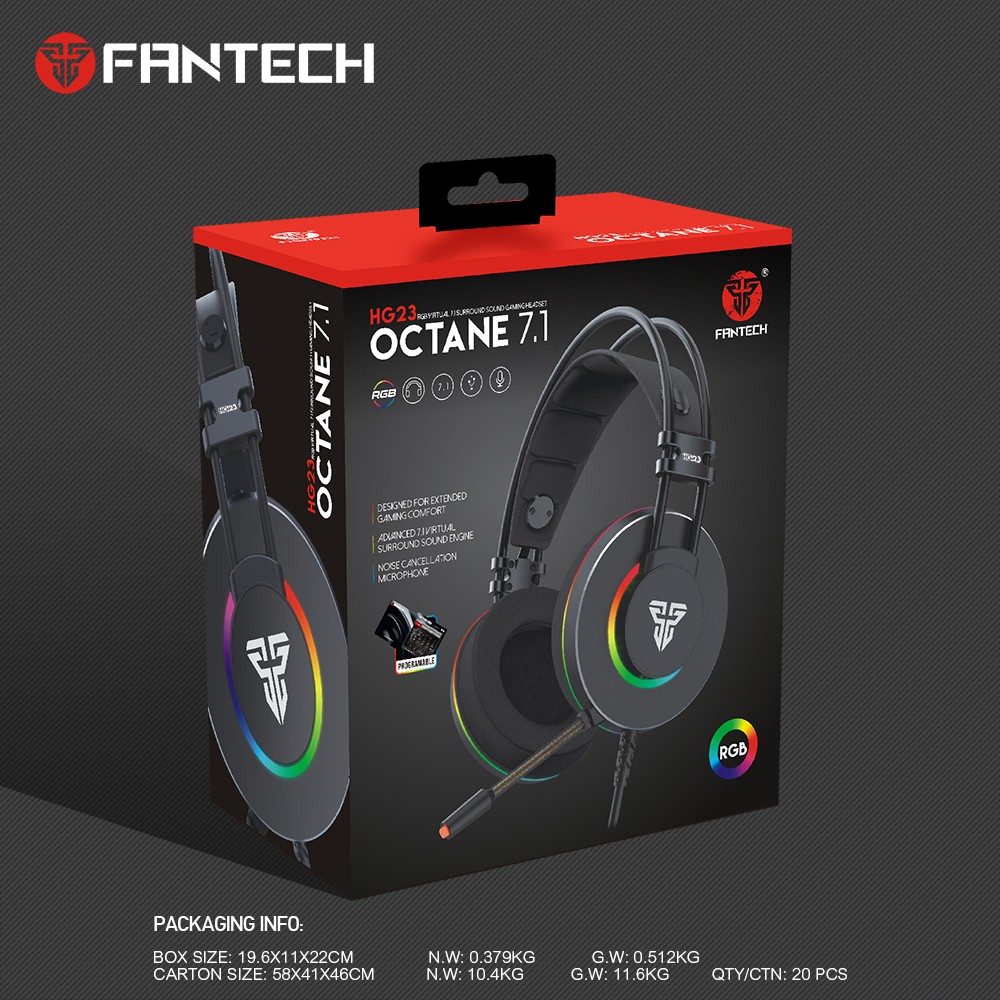 Tai nghe Chụp tai Gaming OCTANE 7.1 hỗ trợ LED RGB kèm micro phone có phần mềm tùy chỉnh âm than FANTECH HG23