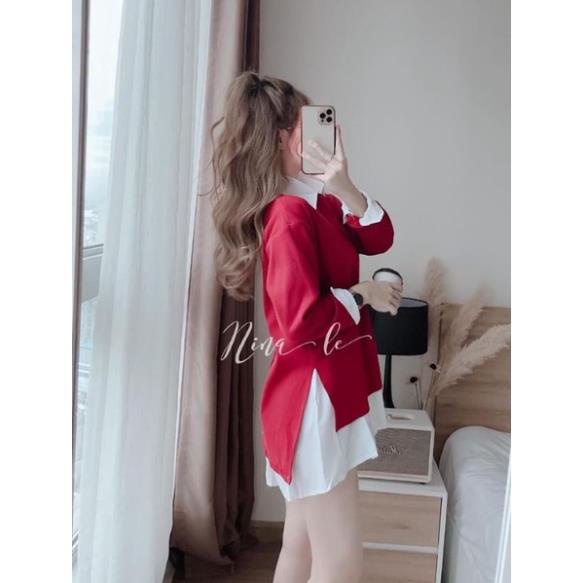 Set áo chân váy VAYO combo áo sơ mi trắng gile len đỏ và chân váy xếp ly thời trang nữ đẹp | BigBuy360 - bigbuy360.vn