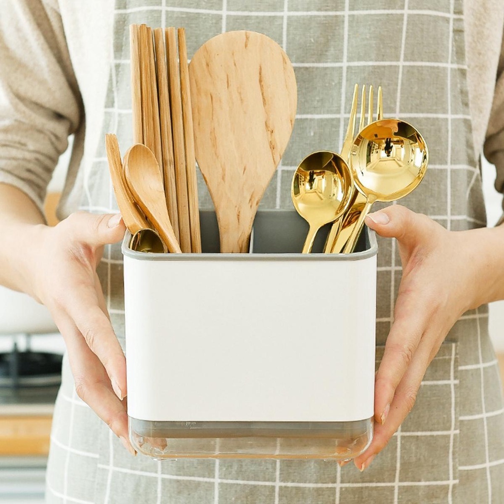 Ống đựng đũa muỗng chia ngăn có khe thoát nước bằng nhựa cao cấp, đồ dùng nhà bếp đa năng