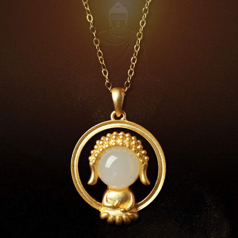 [Ready Stock]Women's Hetian White Jade Buddha Pendant Necklace