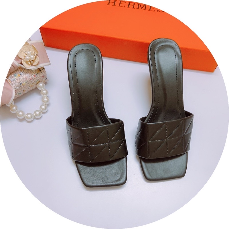 Guốc quai bản chần chỉ gót Nhọn 7p da lì-Ảnh chụp thật