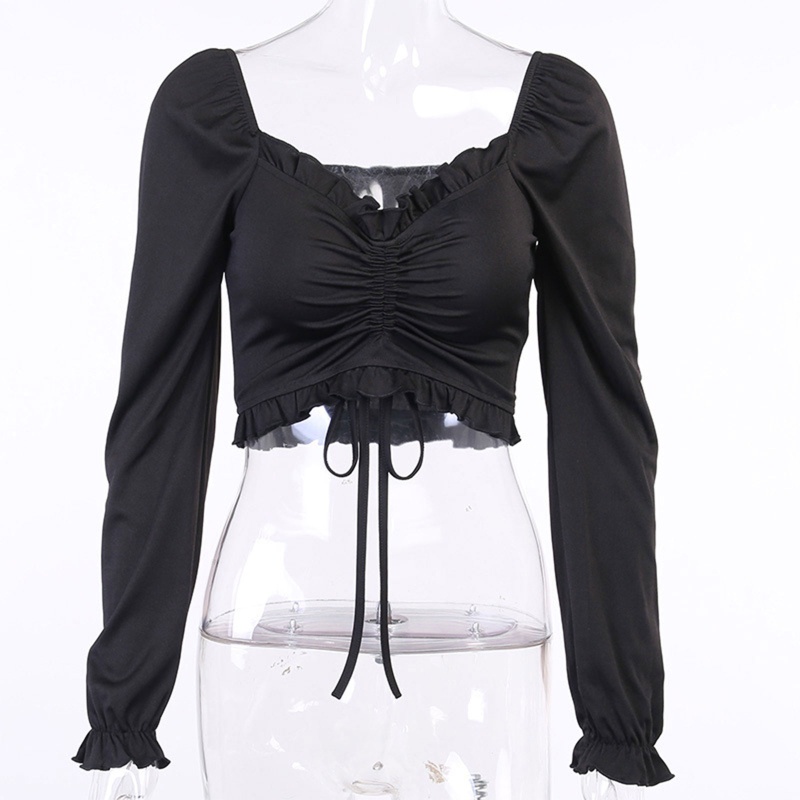 Áo Croptop Tay Dài Cổ Chữ V Phối Dây Rút Phong Cách Gothic Quyến Rũ Cho Nữ