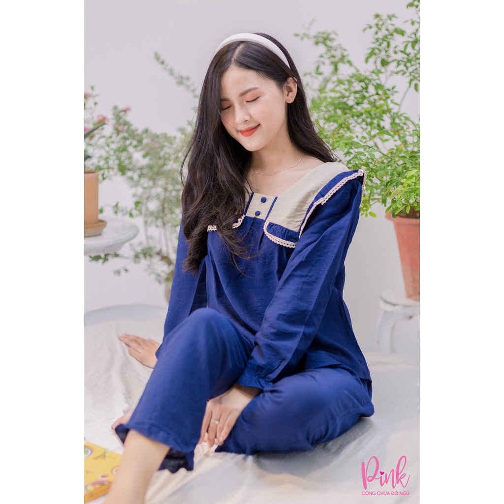 Bộ Đồ Ngủ Pijama Nữ Xanh Dương Vải Đũi Xốp Bộ Mặc Nhà Tay Dài Quần Dài Thoáng Mát Chất Đẹp Cao Cấp Phong Cách Hàn Quốc
